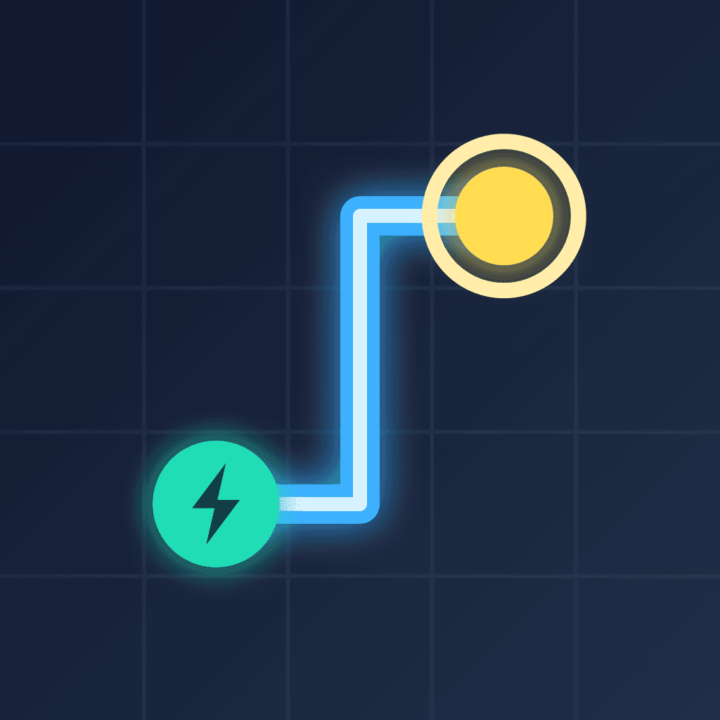 Circuit Connect artwork: a glowing blue wire joins a mint power source to a yellow endpoint.