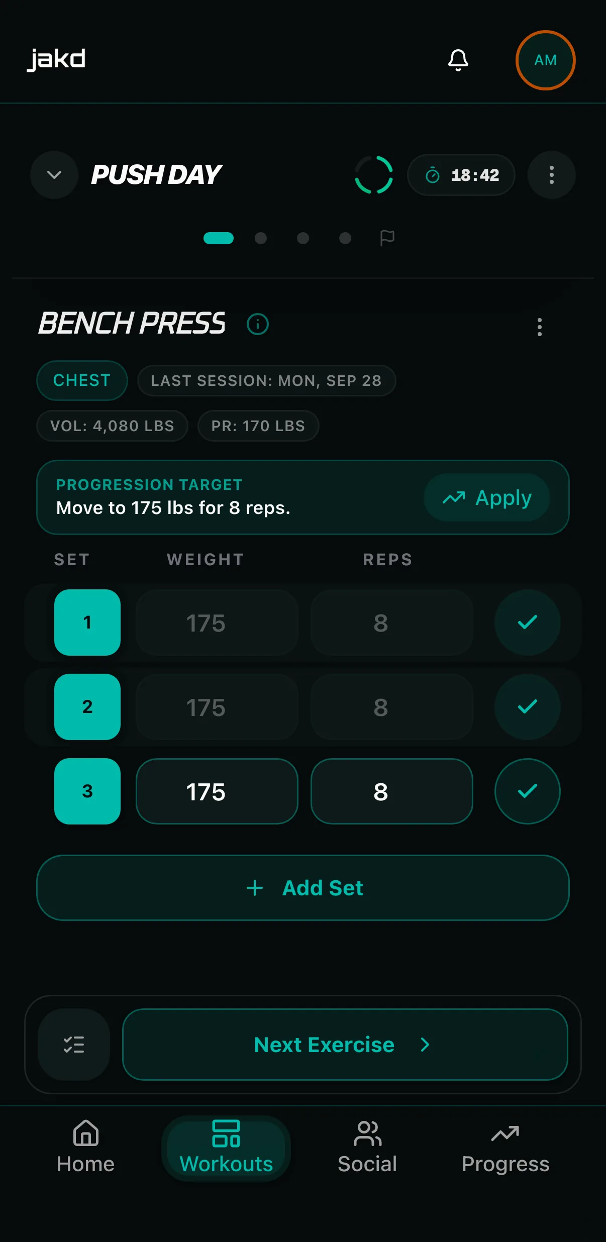JAKD active workout on Bench Press. It shows the last session on Monday, Sep 28, a personal record of 170 lbs, and the progression target “Move to 175 lbs for 8 reps” with an Apply button. Two of three sets are logged at 175 lbs for 8 reps.