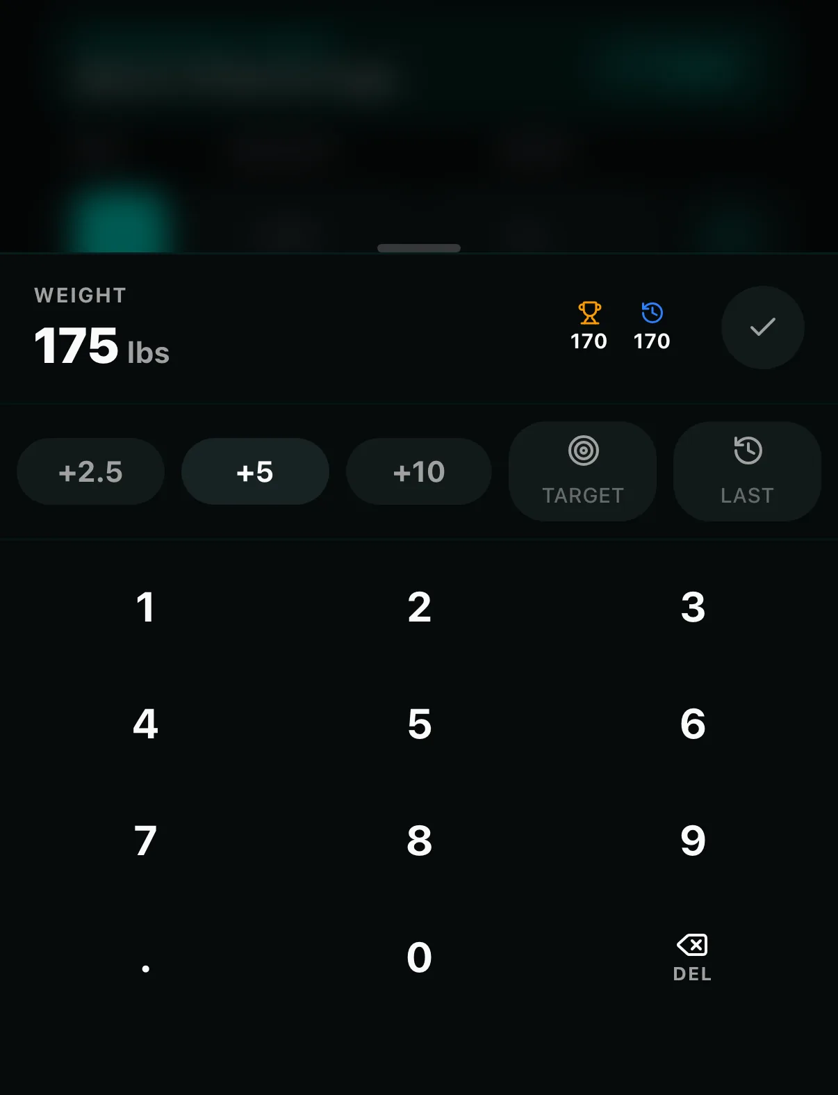 JAKD weight keypad at 175 lbs, with the personal record and last session of 170 lbs shown above quick-add buttons for 2.5, 5, and 10 lbs and Target and Last keys.
