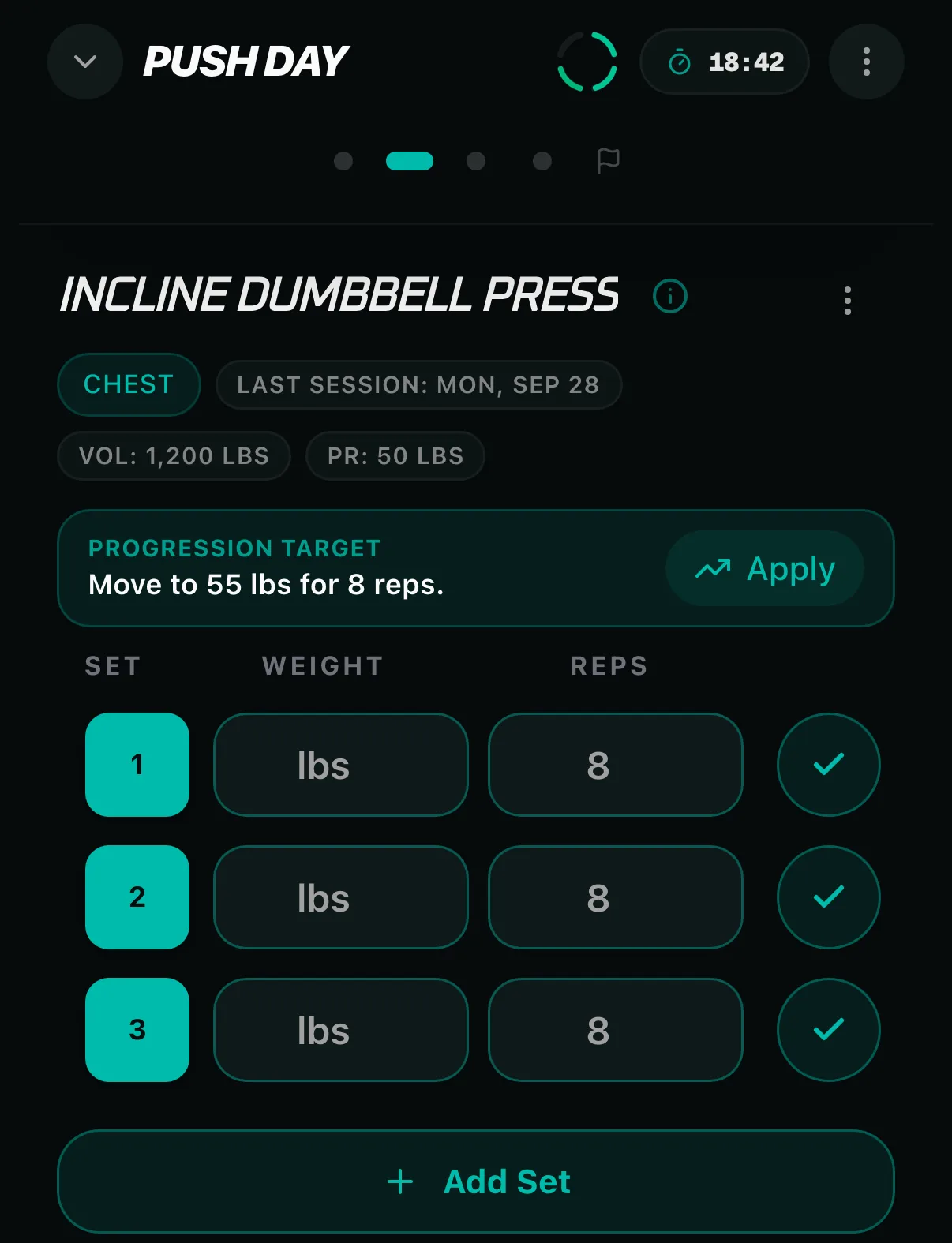 JAKD on the second exercise, Incline Dumbbell Press. It shows the last session, a personal record of 50 lbs, and the progression target “Move to 55 lbs for 8 reps” with an Apply button above three empty sets.
