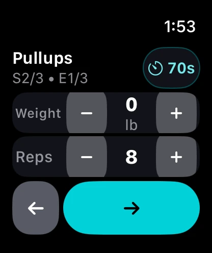 Jakd on Apple Watch logging Pullups, set 2 of 3, with weight and reps steppers, a 70 second rest countdown, and a next button.