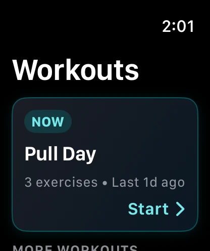Jakd on Apple Watch showing the Workouts list with Pull Day, 3 exercises, last done 1 day ago, and a Start button.