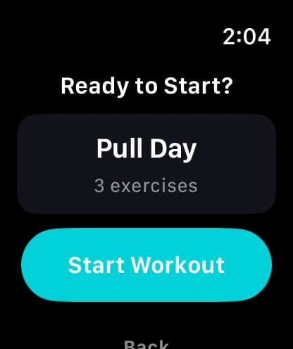 Jakd on Apple Watch asking Ready to Start? for Pull Day with 3 exercises and a Start Workout button.