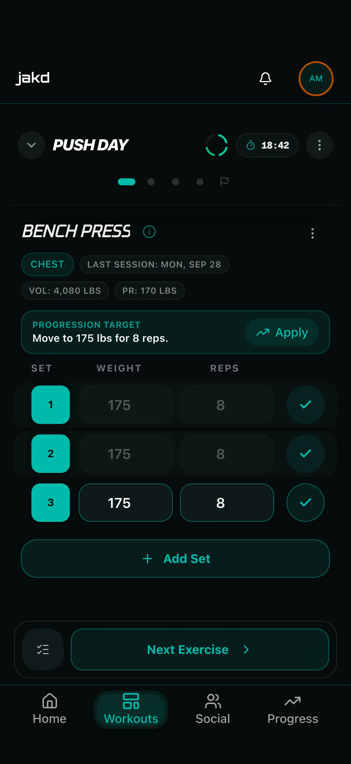 Jakd active workout showing Bench Press, the last session, a target of 175 lbs for 8 reps, completed sets, and exercise navigation.